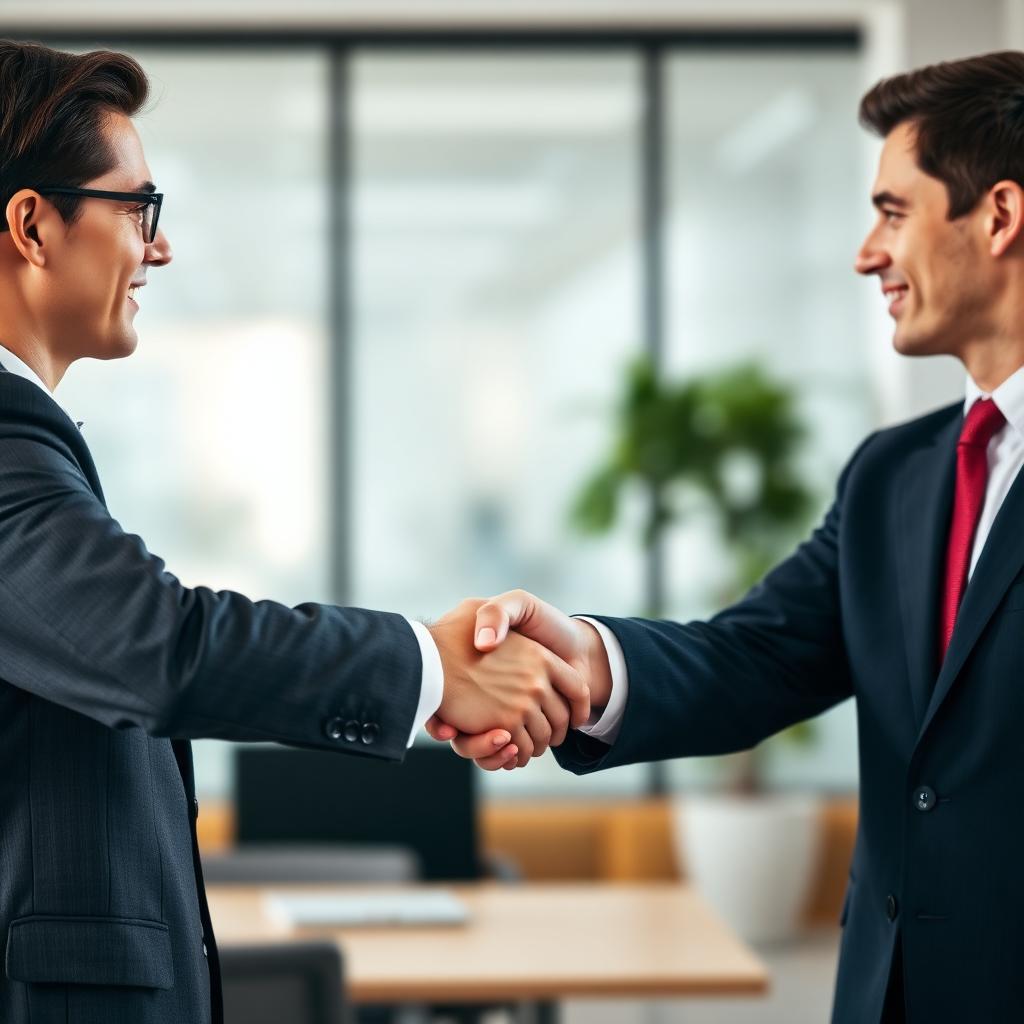 Two business partners shaking hands in a modern office