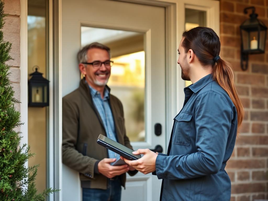 Sales representative speaking with a homeowner at their front door