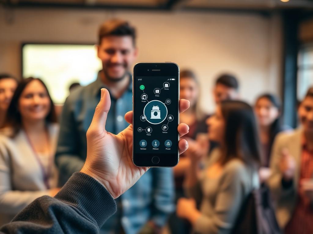 Person holding a smartphone in a community setting